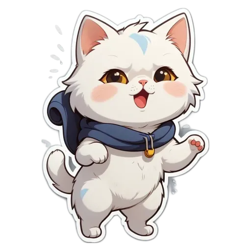 A cartoon white cat with blue scarf and a black mask on its face.