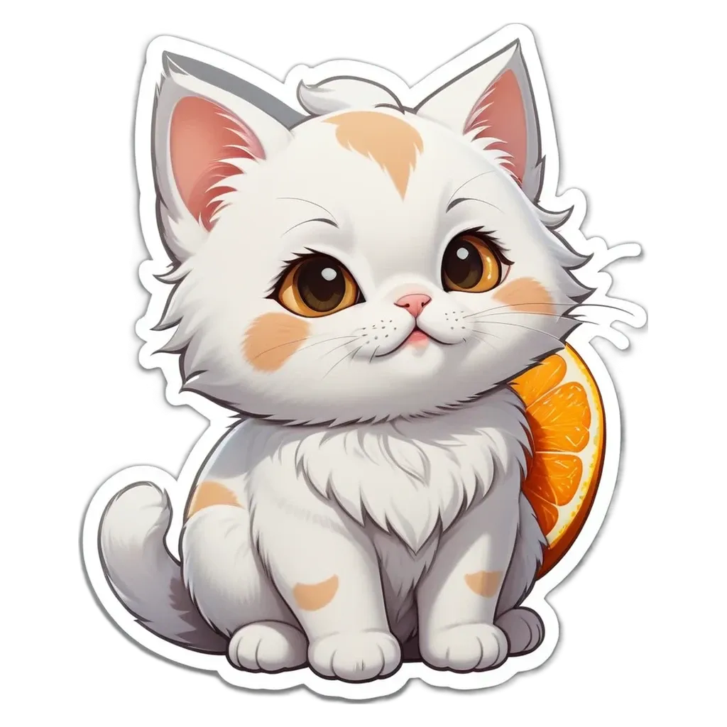 A cartoon cat sitting on a table next to an orange.