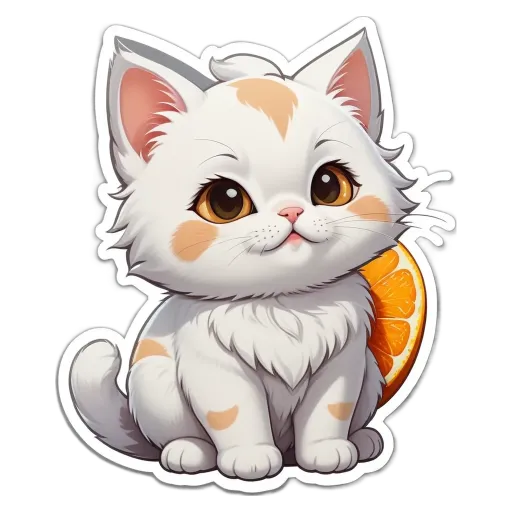 A cartoon cat sitting on a table next to an orange.