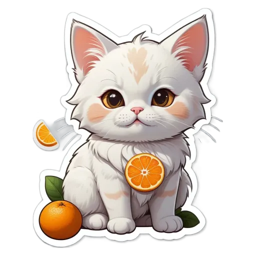 A cartoon cat sitting on a orange with a slice cut out of it.