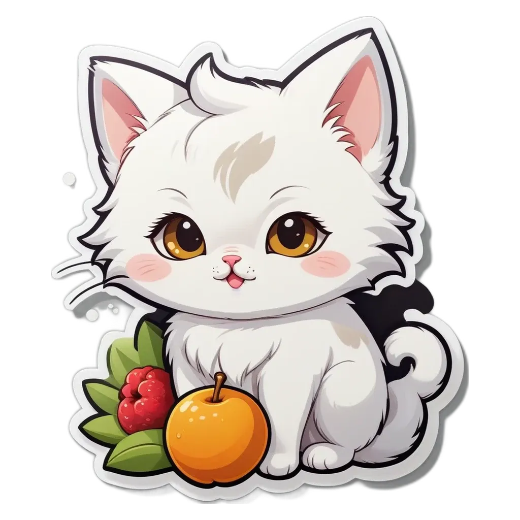 A white cat sitting next to some fruit.