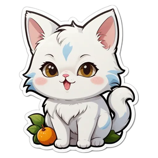 A white cat with blue eyes and a pink nose sitting on a leaf.