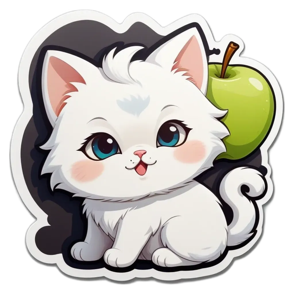 A cat with a green apple next to it.