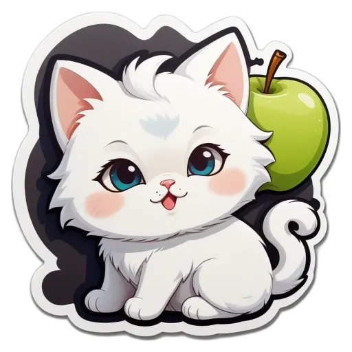 A cat with a green apple next to it.