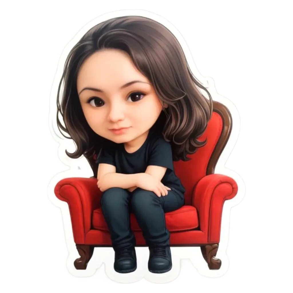 A cartoon girl sitting on a red chair.