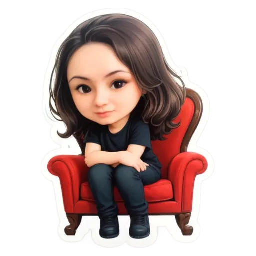 A cartoon girl sitting on a red chair.