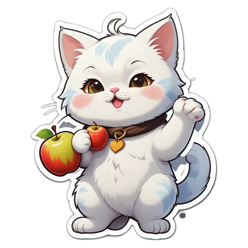 A cartoon white cat holding an apple in its mouth.