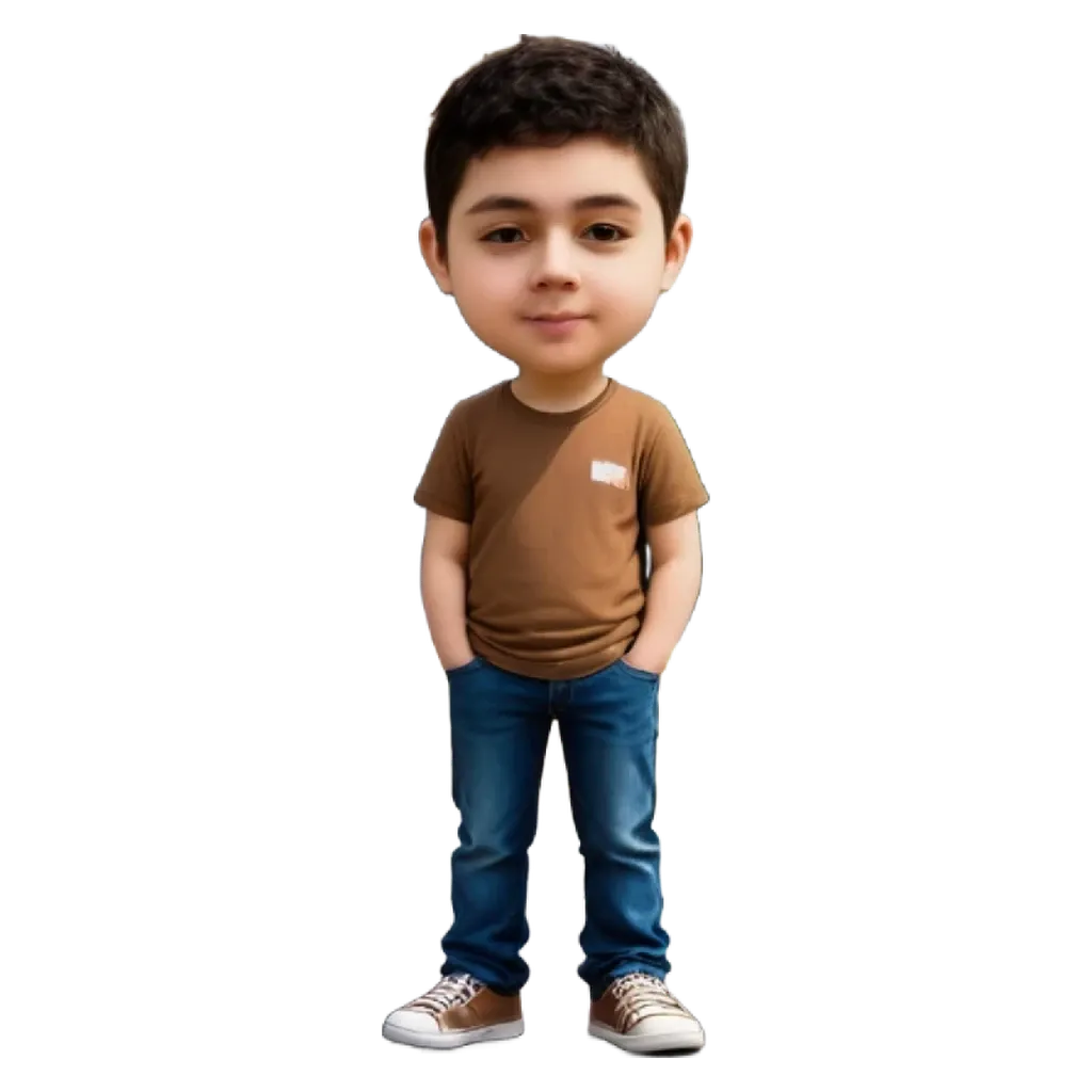 A cartoon picture of a boy wearing blue jeans and a brown shirt with a pocket.