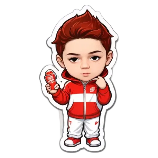 A boy wearing a red and white jacket holding a container of some kind.