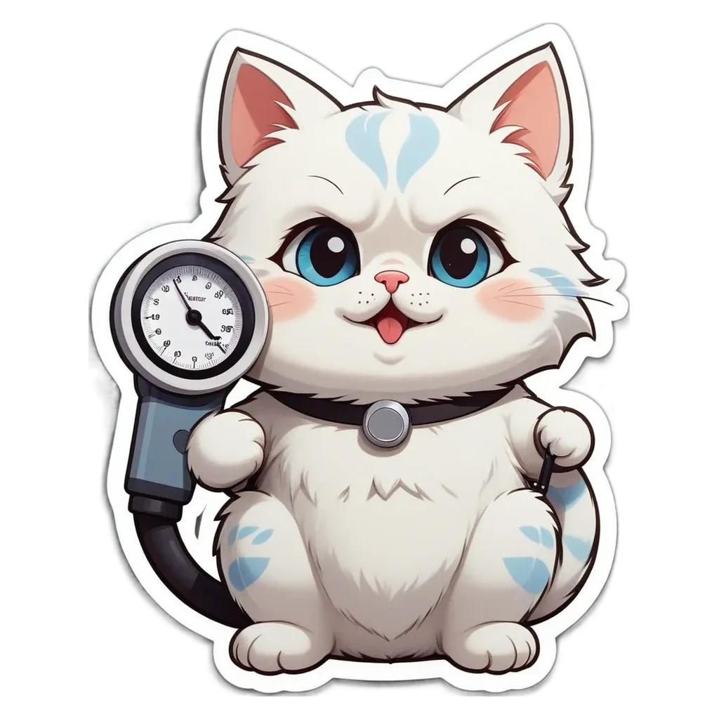 A cartoon white cat holding a blood pressure cuff.