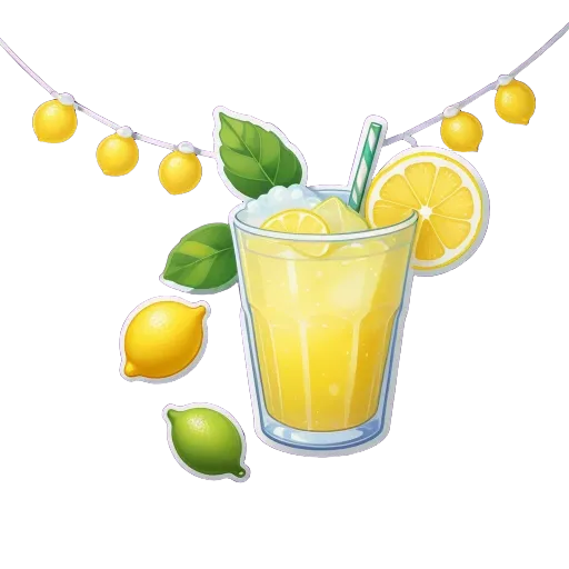 A glass of lemonade is hanging on a purple background.