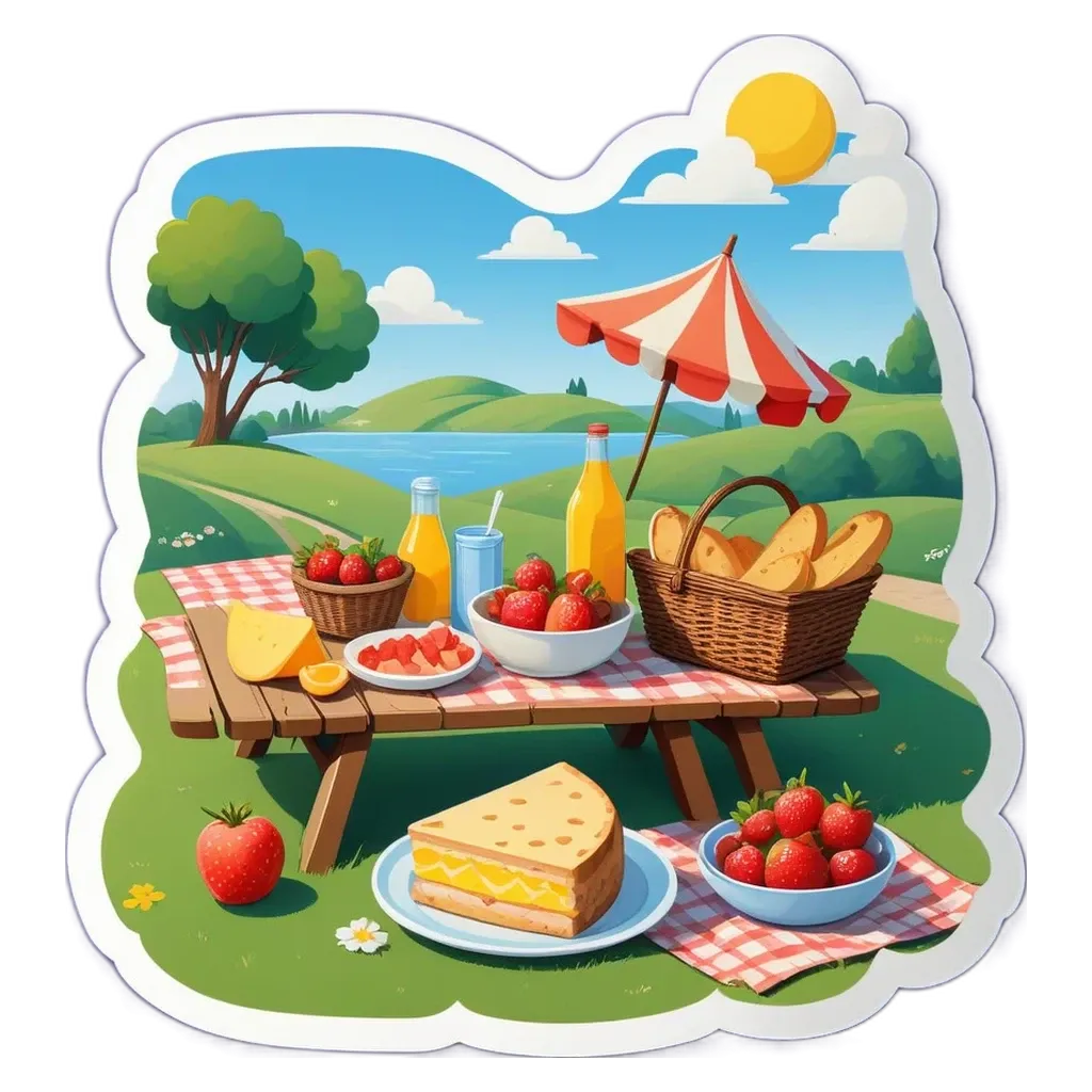 A sticker of a picnic table with food on it that is in the water.