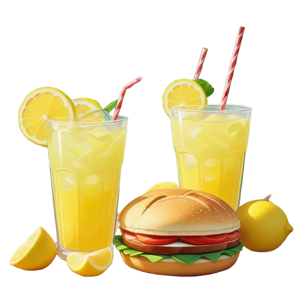 A glass of lemonade sits next to two sandwiches and fruit slices.