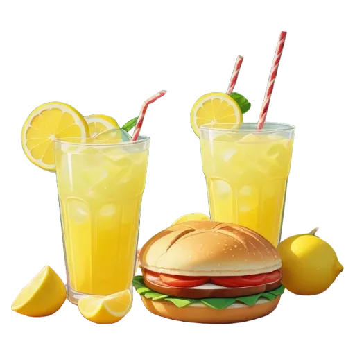 A glass of lemonade sits next to two sandwiches and fruit slices.