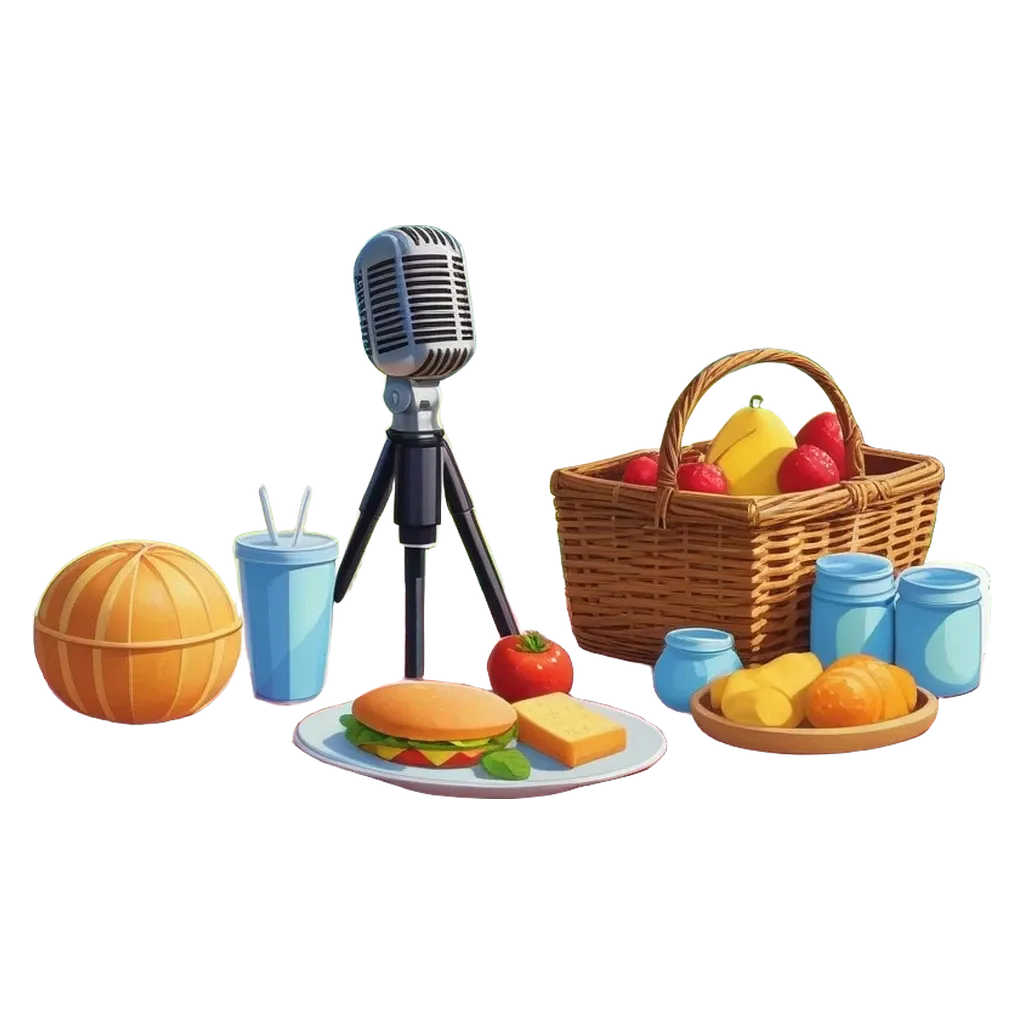 A cartoon of food with a microphone and items for a picnic.