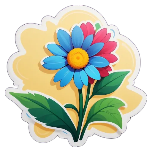 A flower with blue and red petals is in the center of a yellow background.