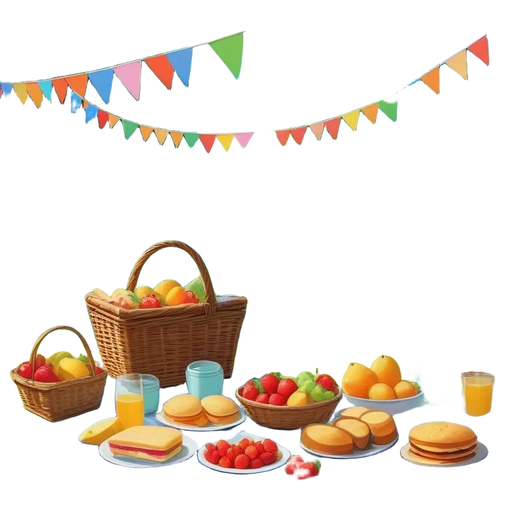 A picher of a picher of fruit and bread on a table with a wicker basket.
