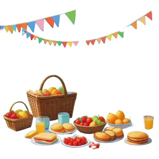 A picher of a picher of fruit and bread on a table with a wicker basket.