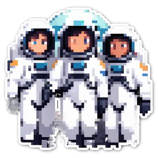 Three men in space suits of different colors standing in front of a blue planet.
