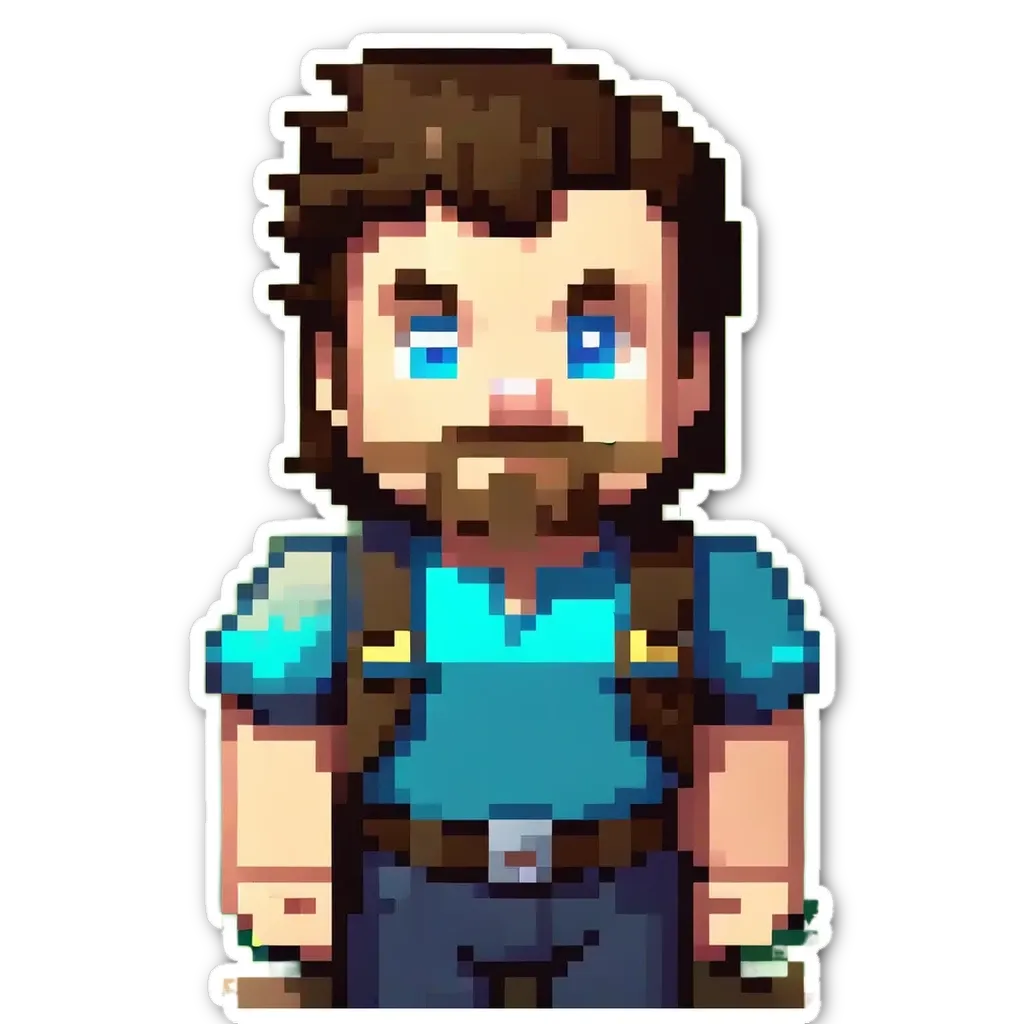 A man is wearing a blue shirt and a backpack in a digital image.