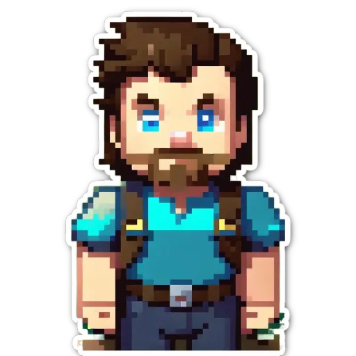 A man is wearing a blue shirt and a backpack in a digital image.
