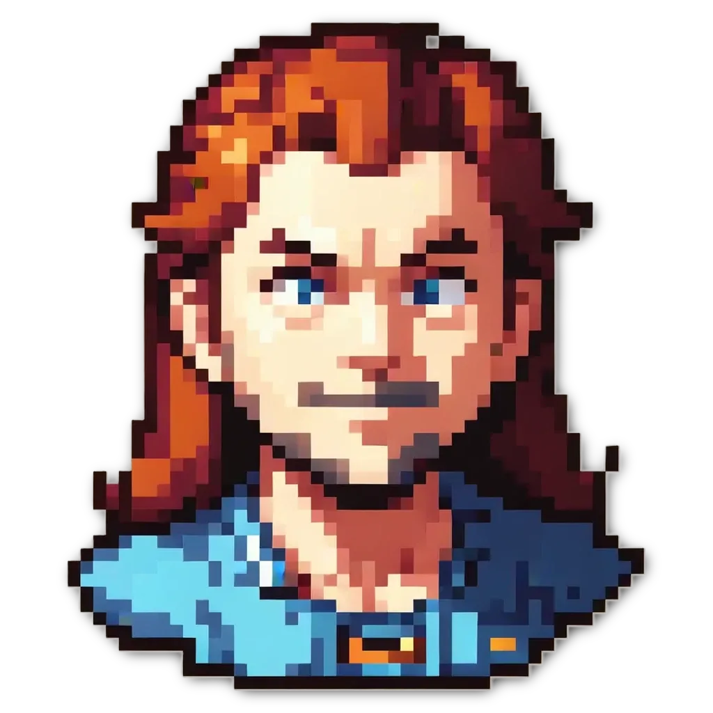 A man in a blue shirt his hair is red.