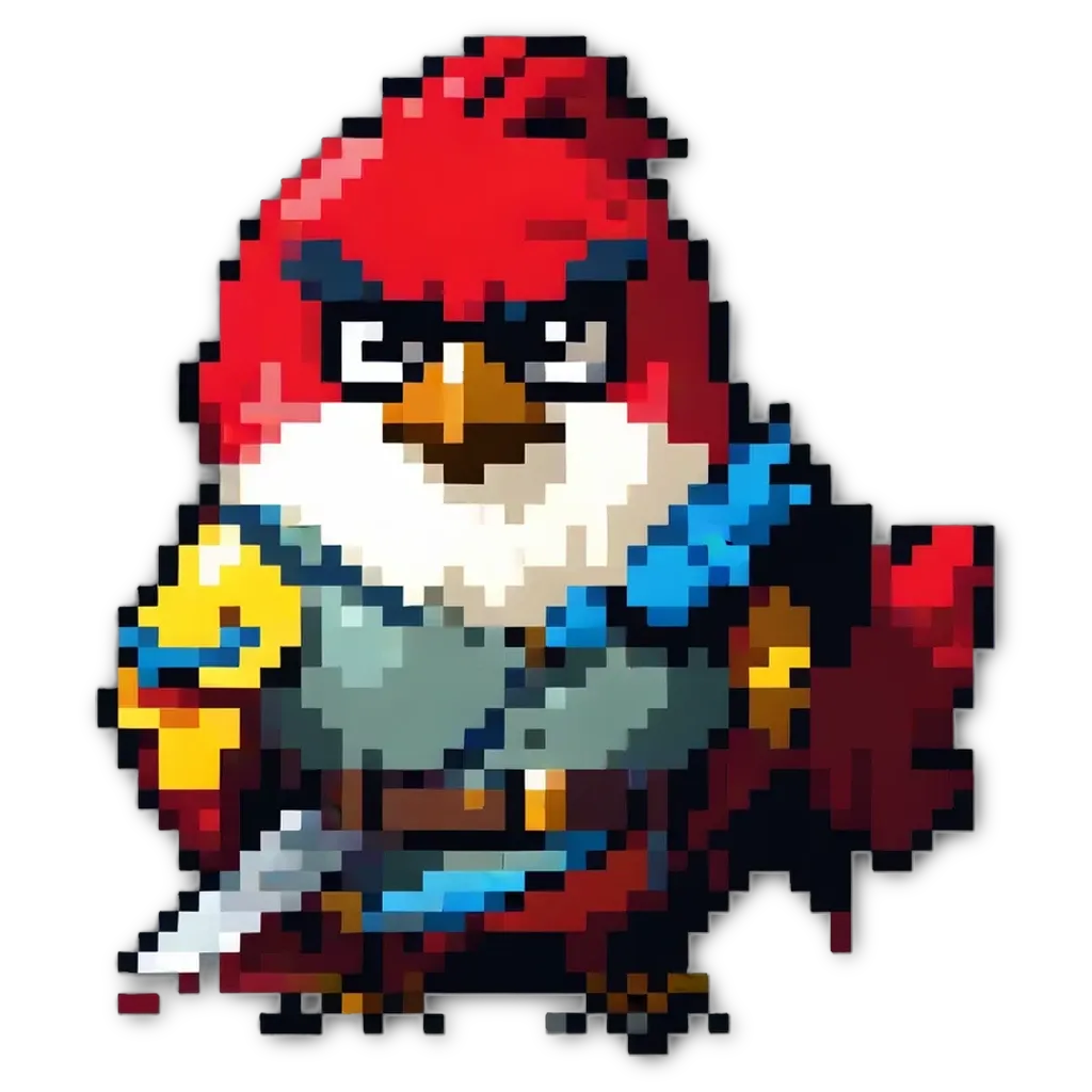 A red bird pixelated as a character with a sword.