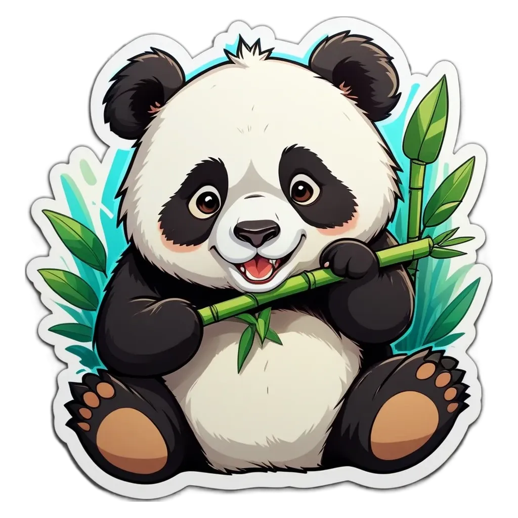 A panda bear holding a bamboo in his right hand.