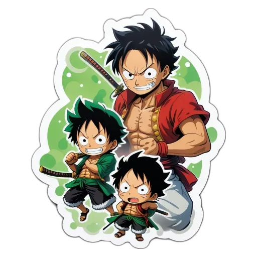 A sticker of three one piecePokemon characters that are super cute.