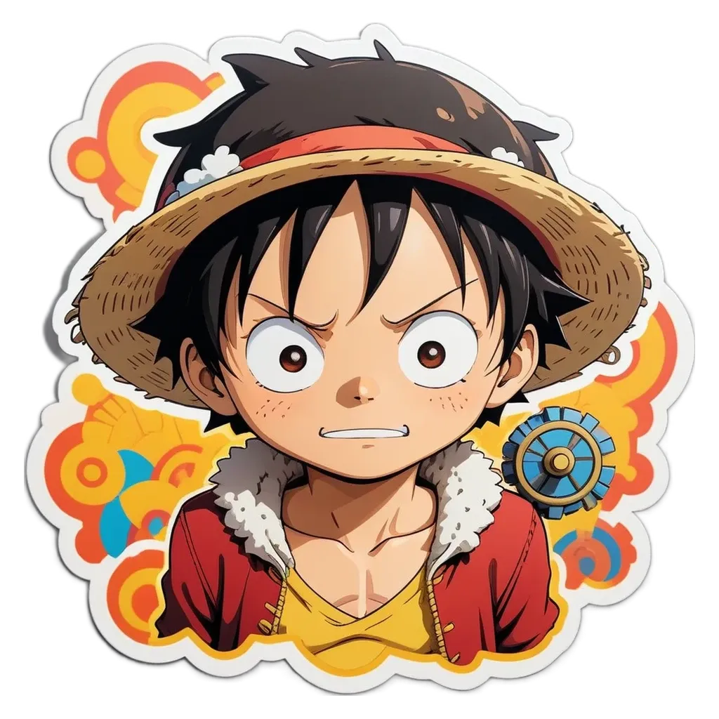 A sticker of a boy with a hat that say one piece.
