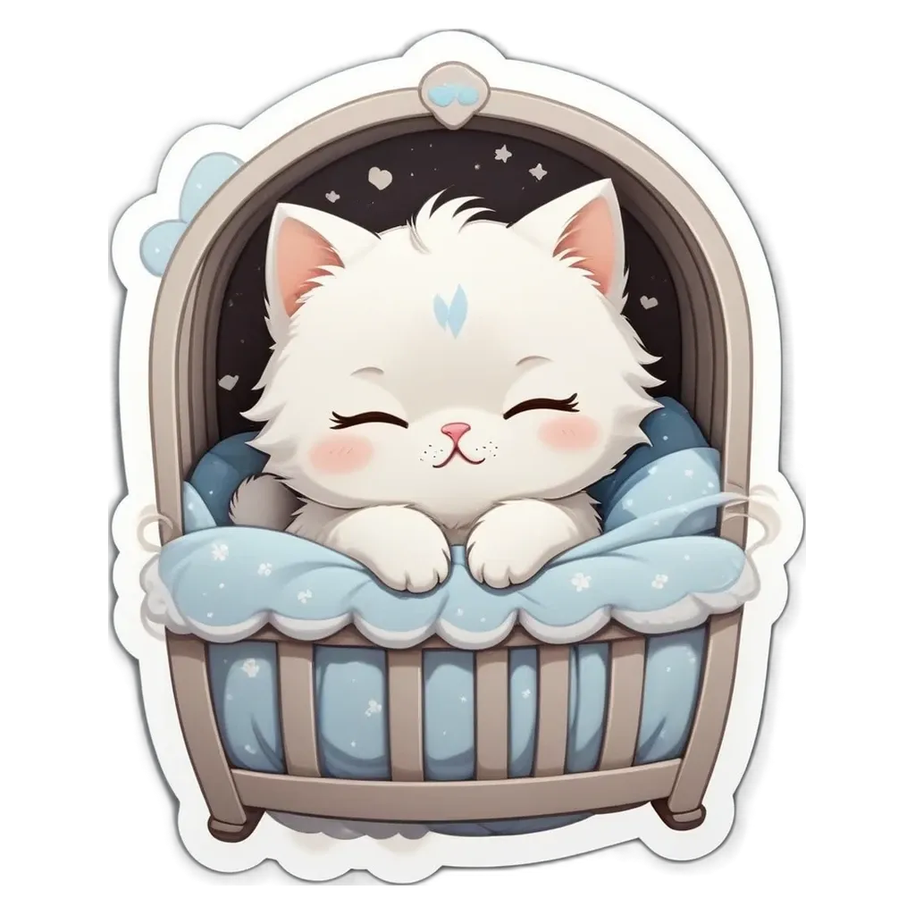 A cartoon cat in a crib with white fur.