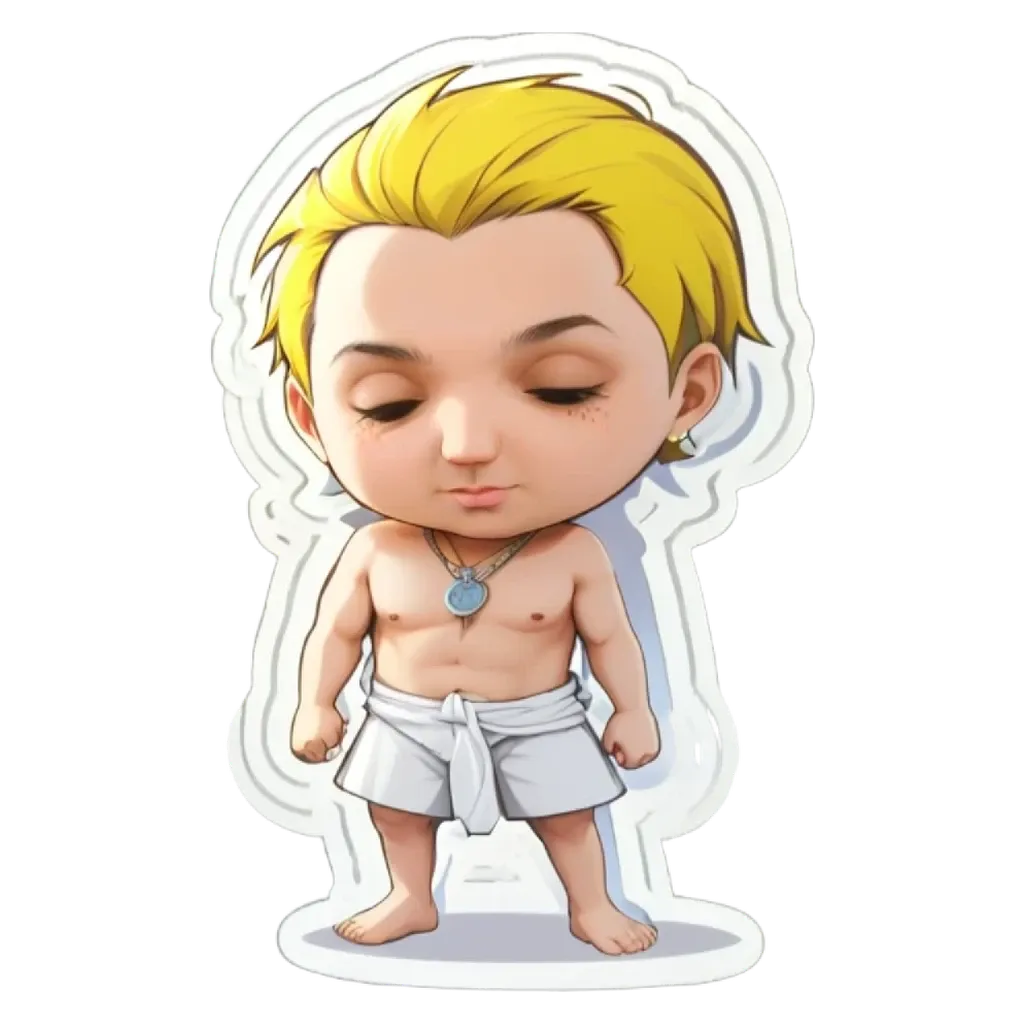 A boy is wearing white shorts and a blue necklace.