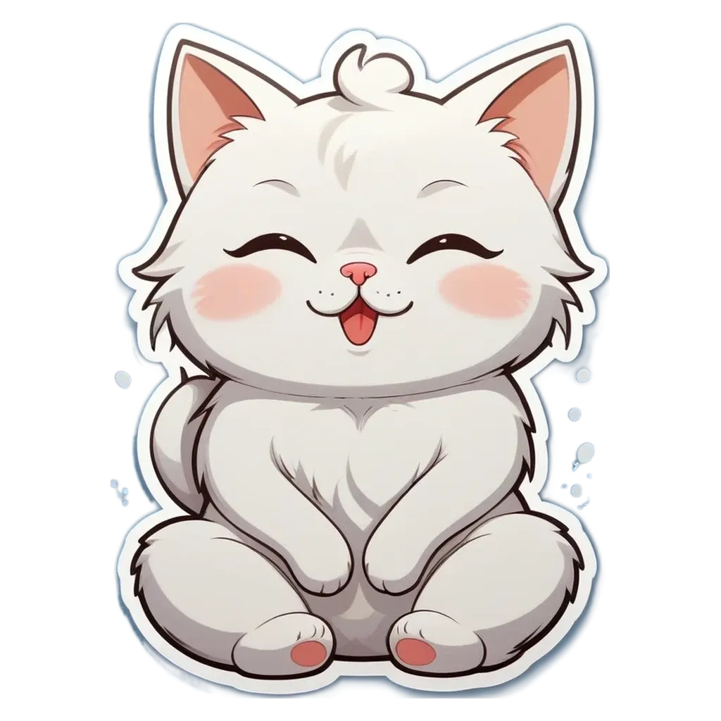 A white cat with a smiley face sticker on its right.