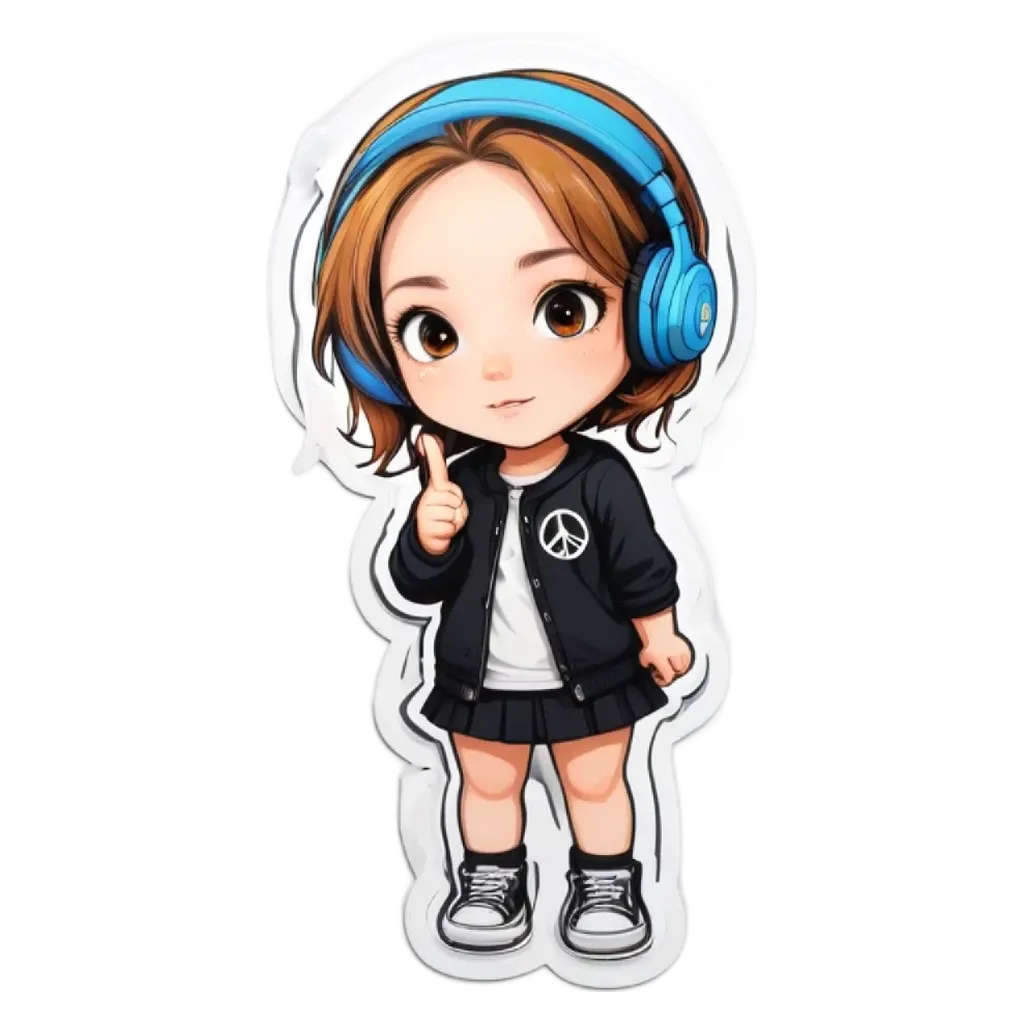 A girl wearing headphones and a peace sign is shown.