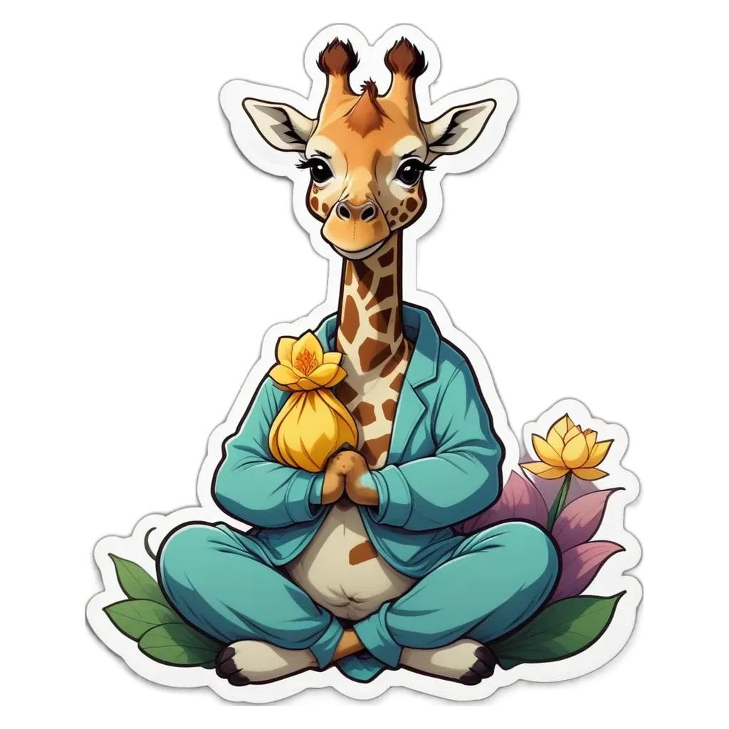 A giraffe in blue pajamas holding a yellow bag.