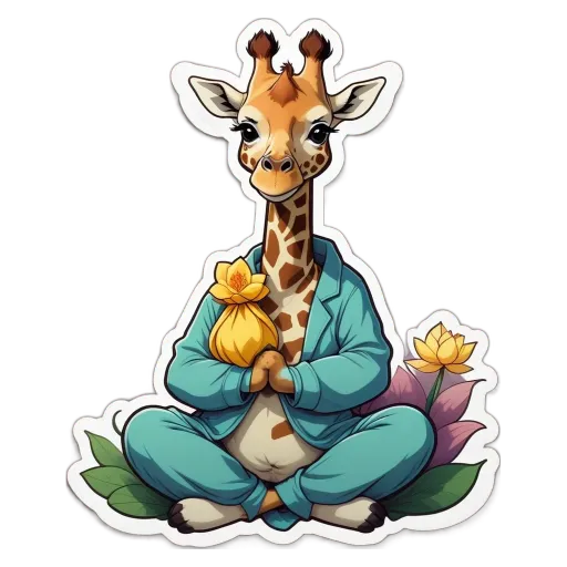 A giraffe in blue pajamas holding a yellow bag.