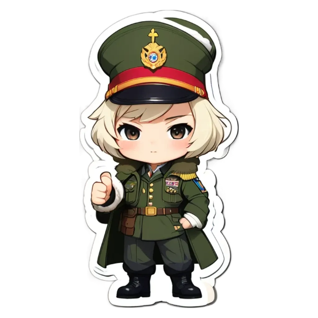 A girl military style uniform with the peace sign and a thumbs up.