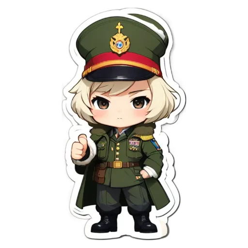 A girl military style uniform with the peace sign and a thumbs up.