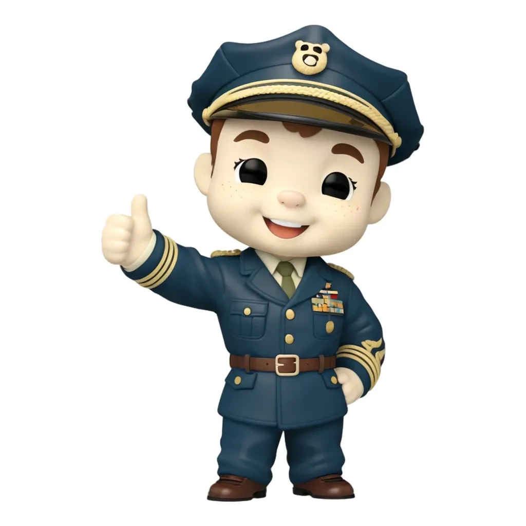 A sticker of a toy pilot giving a thumbs up.