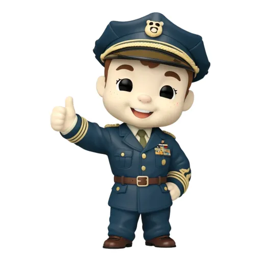 A sticker of a toy pilot giving a thumbs up.