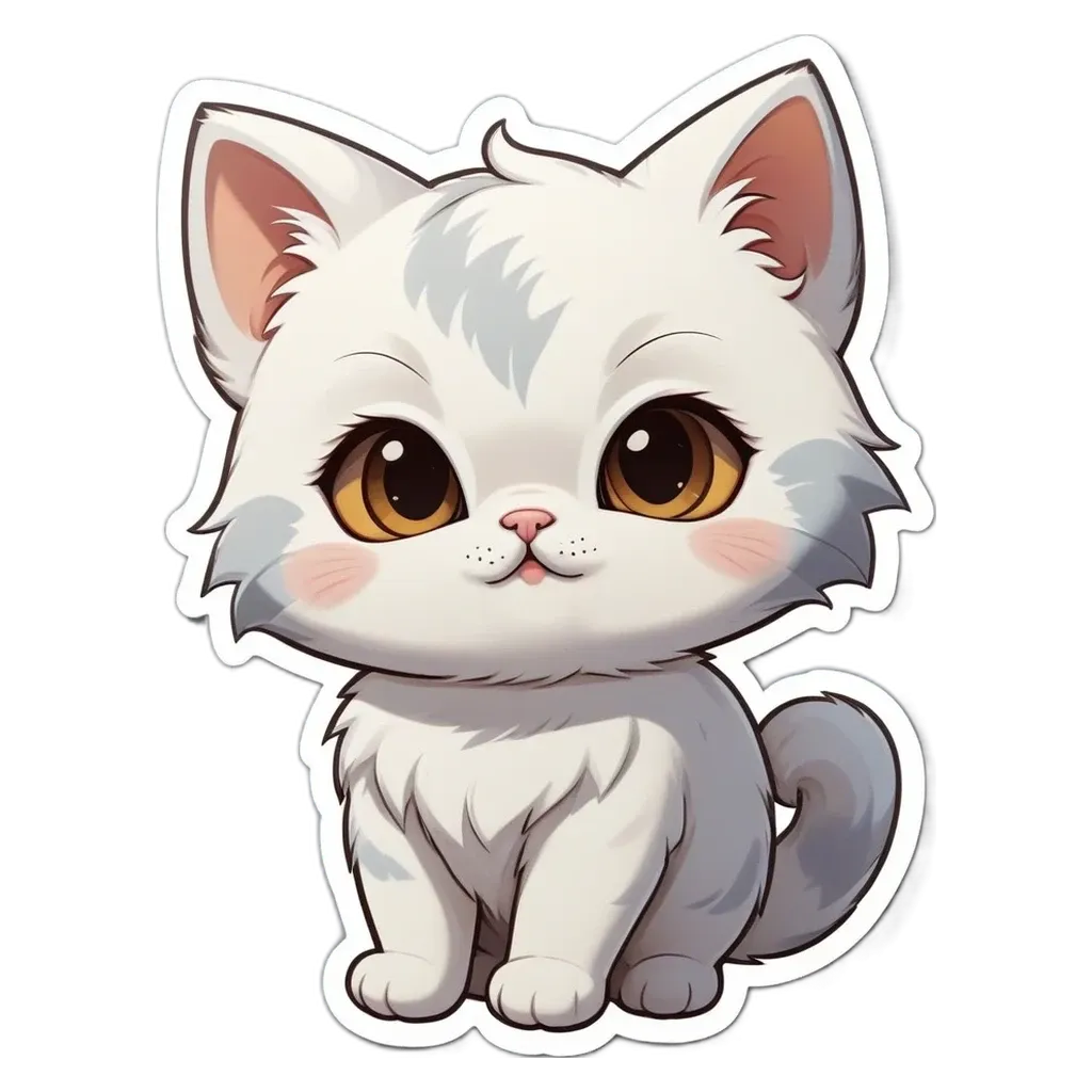 A cartoon cat with a black nose is sitting on a white background.