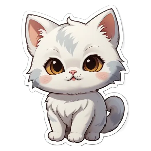 A cartoon cat with a black nose is sitting on a white background.