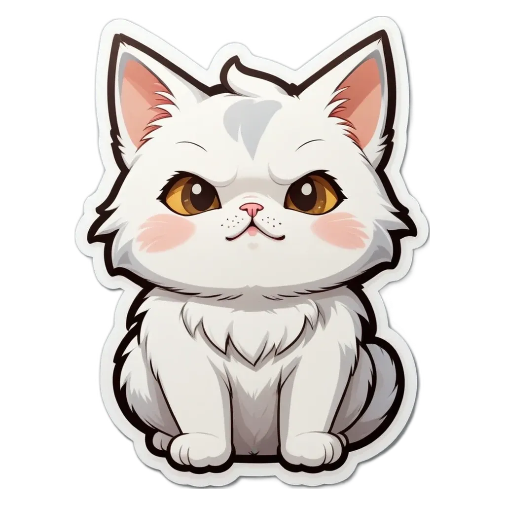 A white cat with yellow eyes and a pink nose.