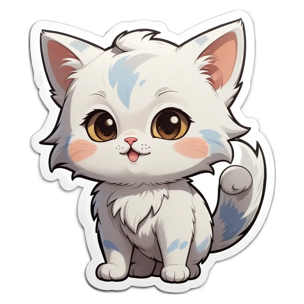 A white cat with blue eyes is sitting on a black and white background.