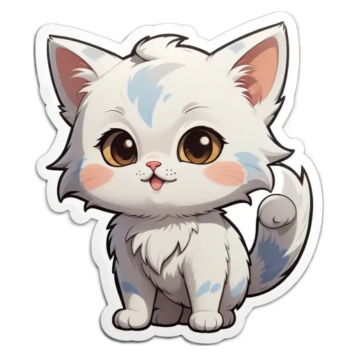 A white cat with blue eyes is sitting on a black and white background.