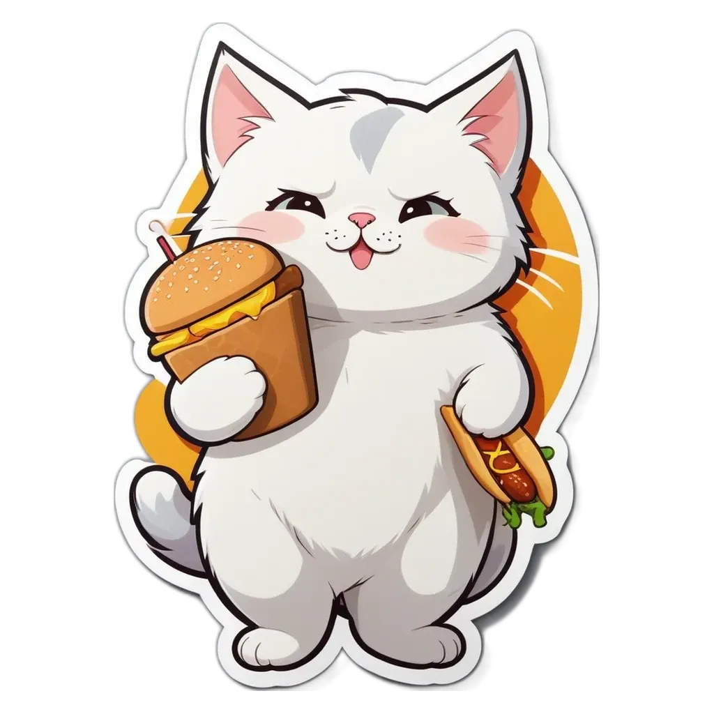 A white cat holding a burger in its mouth.