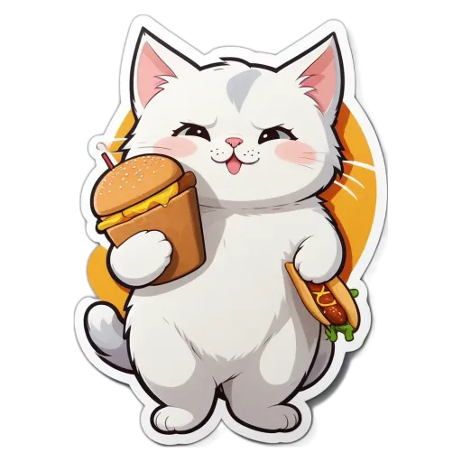 A white cat holding a burger in its mouth.