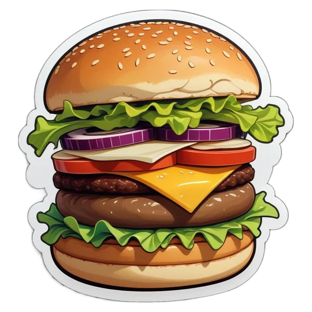 A sticker of a hamburger with lettuce and tomatoes.