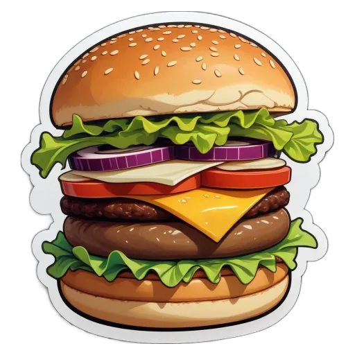 A sticker of a hamburger with lettuce and tomatoes.