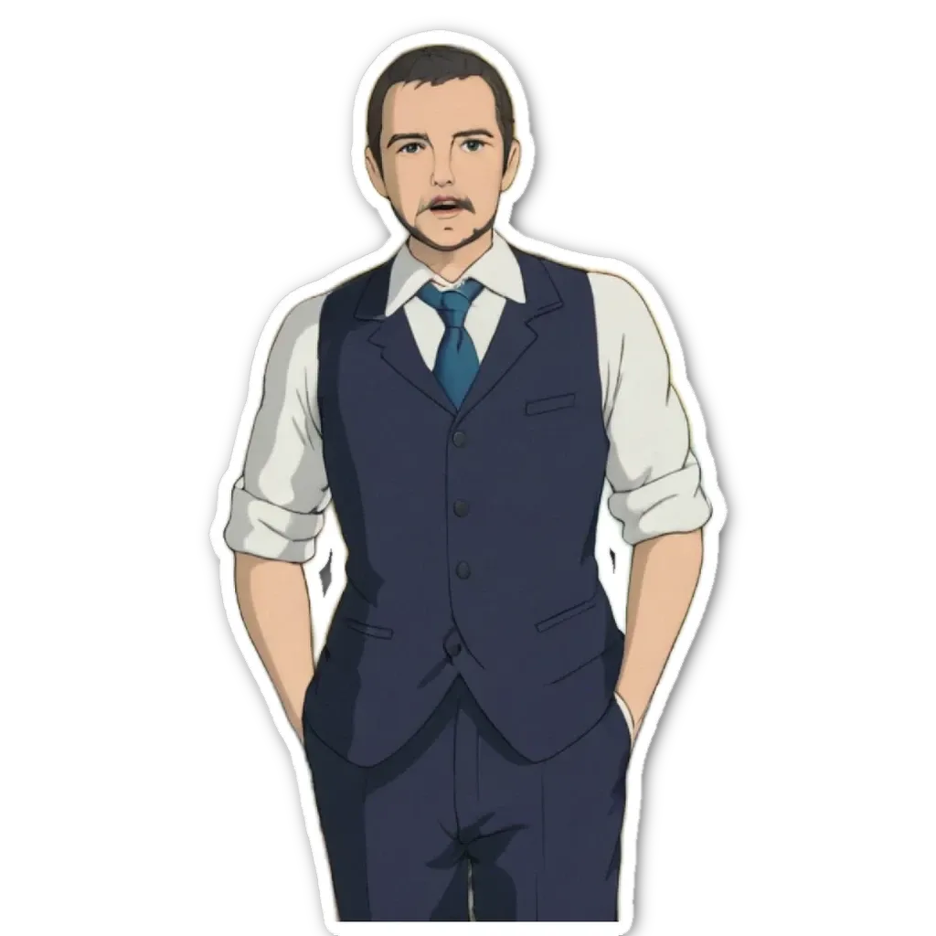 A cartoonish drawing of a man wearing a suit with a blue tie.